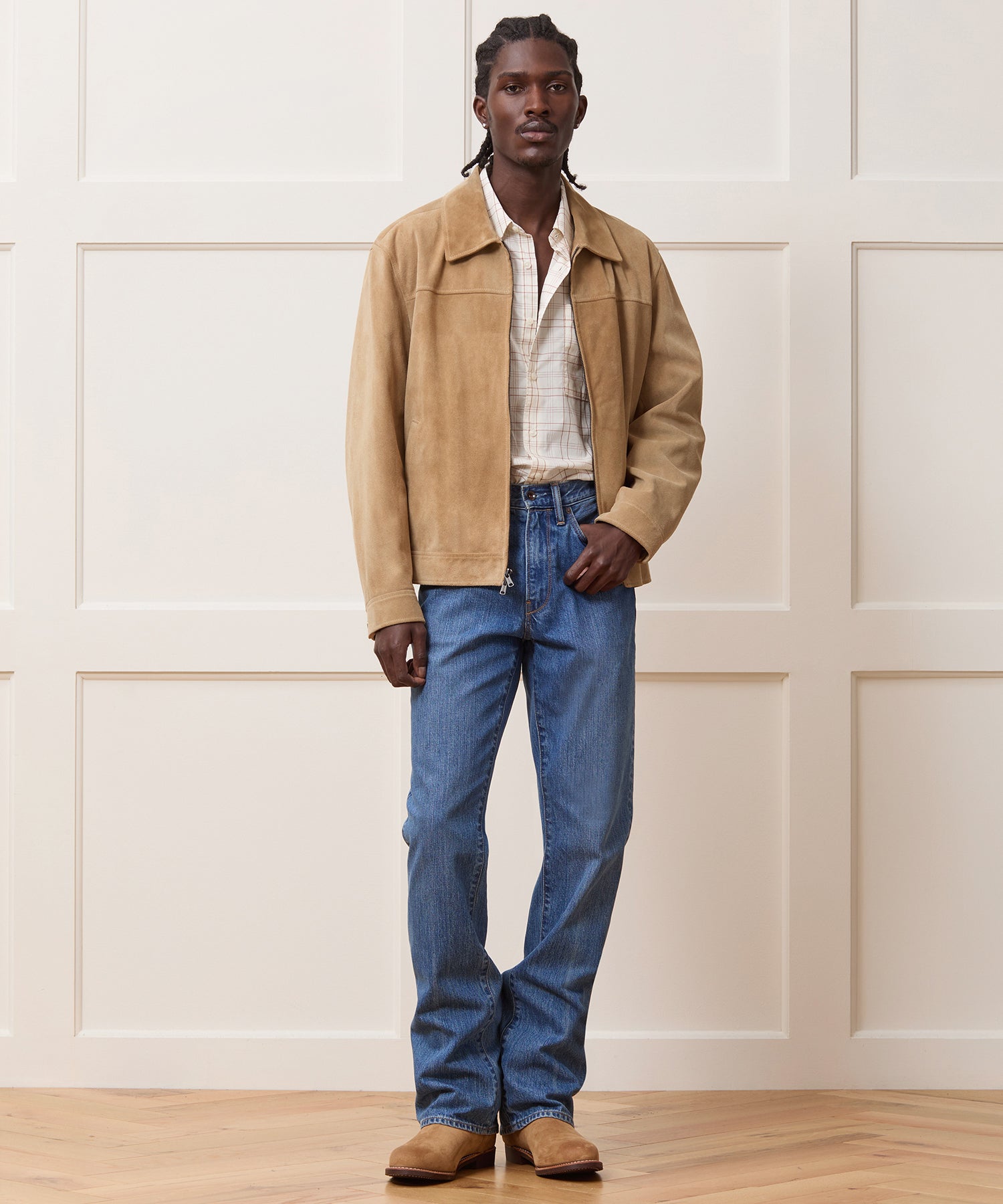 Todd Snyder Italian Suede Driving Jacket in Taupe Khaki