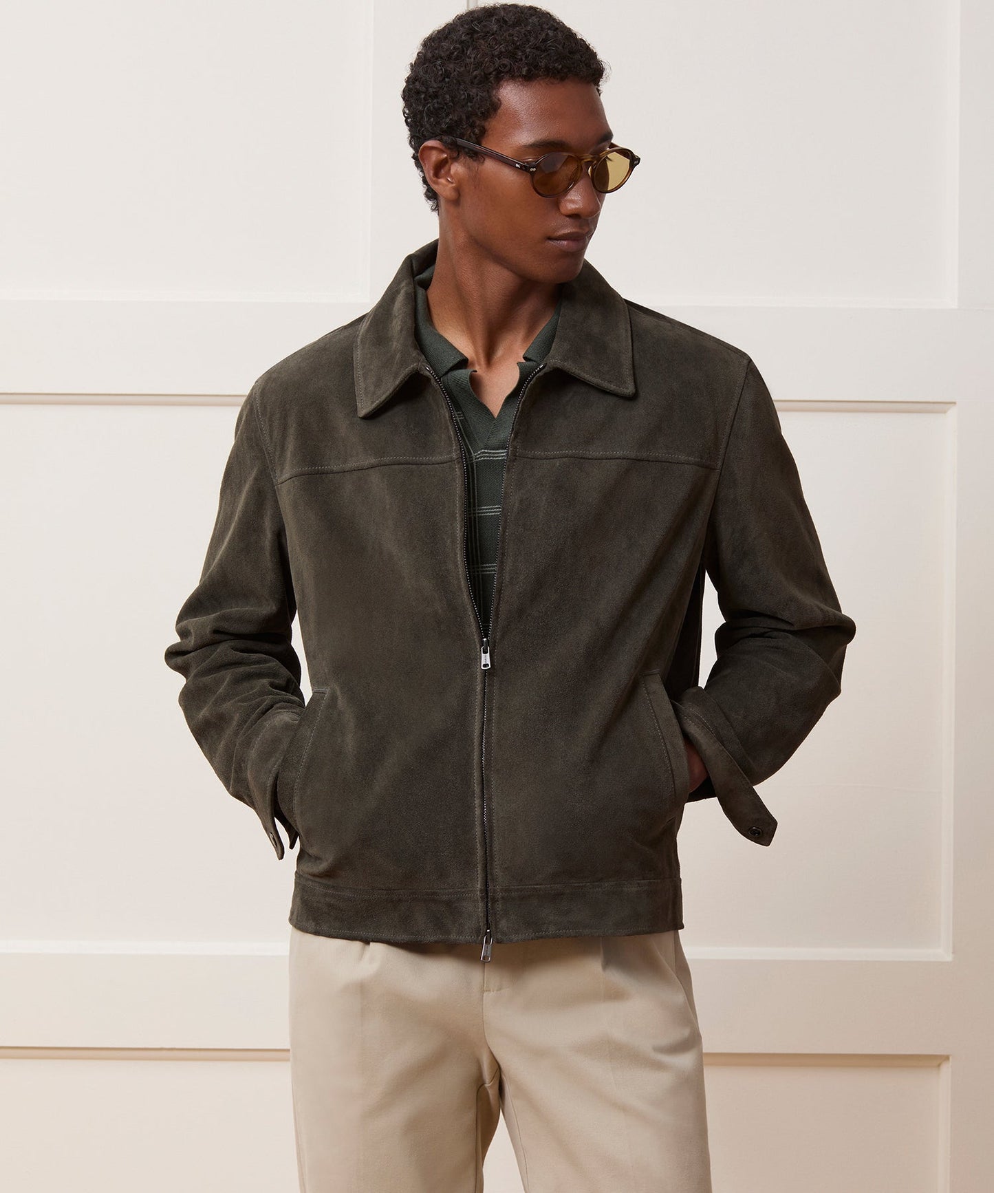 Todd Snyder Italian Suede Driving Jacket in Dark Moss Dark Moss