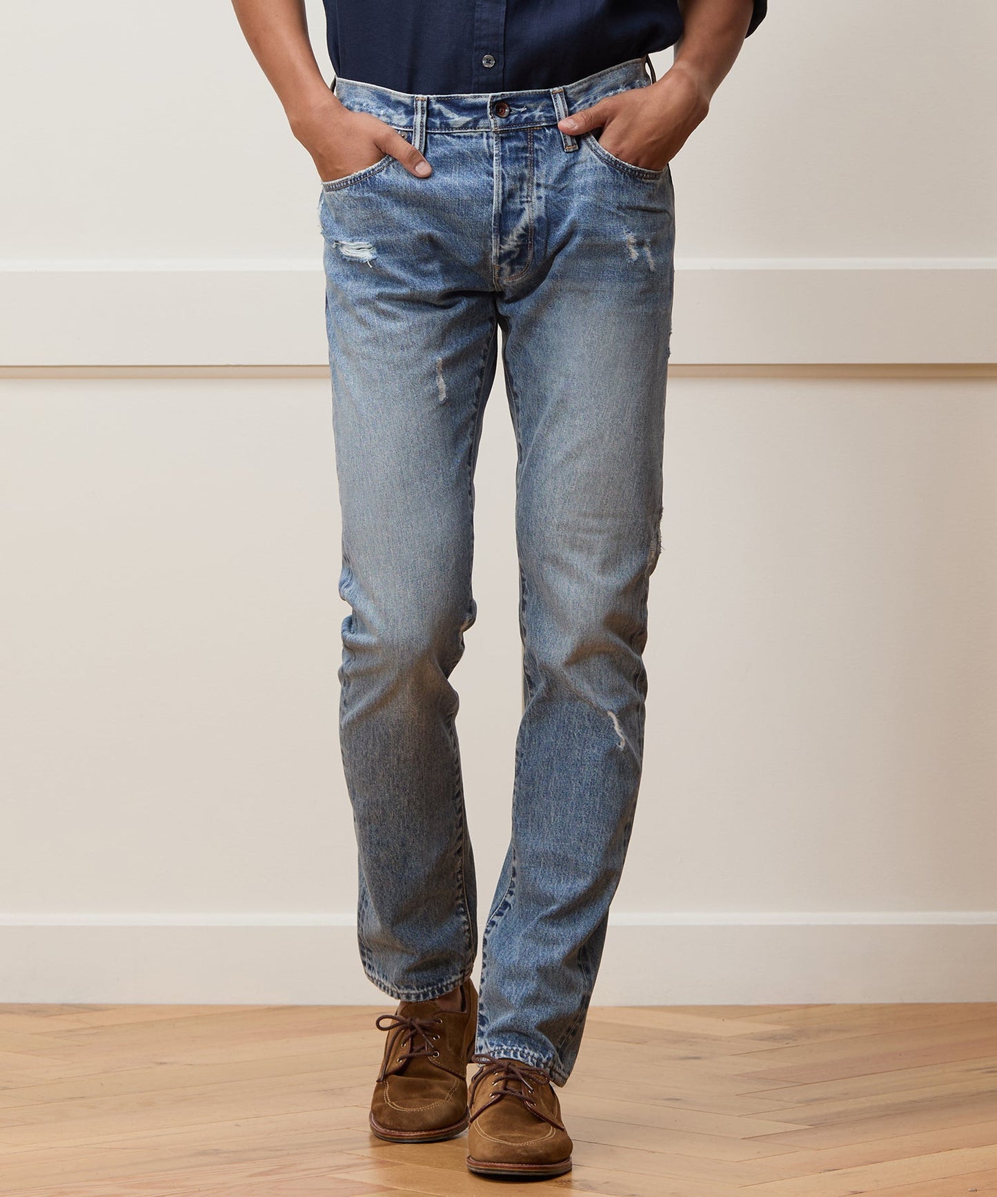 Todd Snyder Slim Selvedge Jean in Destroyed Wash Destroyed Medium Indigo