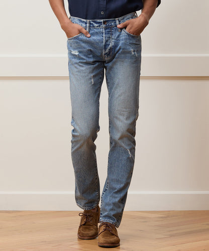 Todd Snyder Slim Selvedge Jean in Destroyed Wash Destroyed Medium Indigo