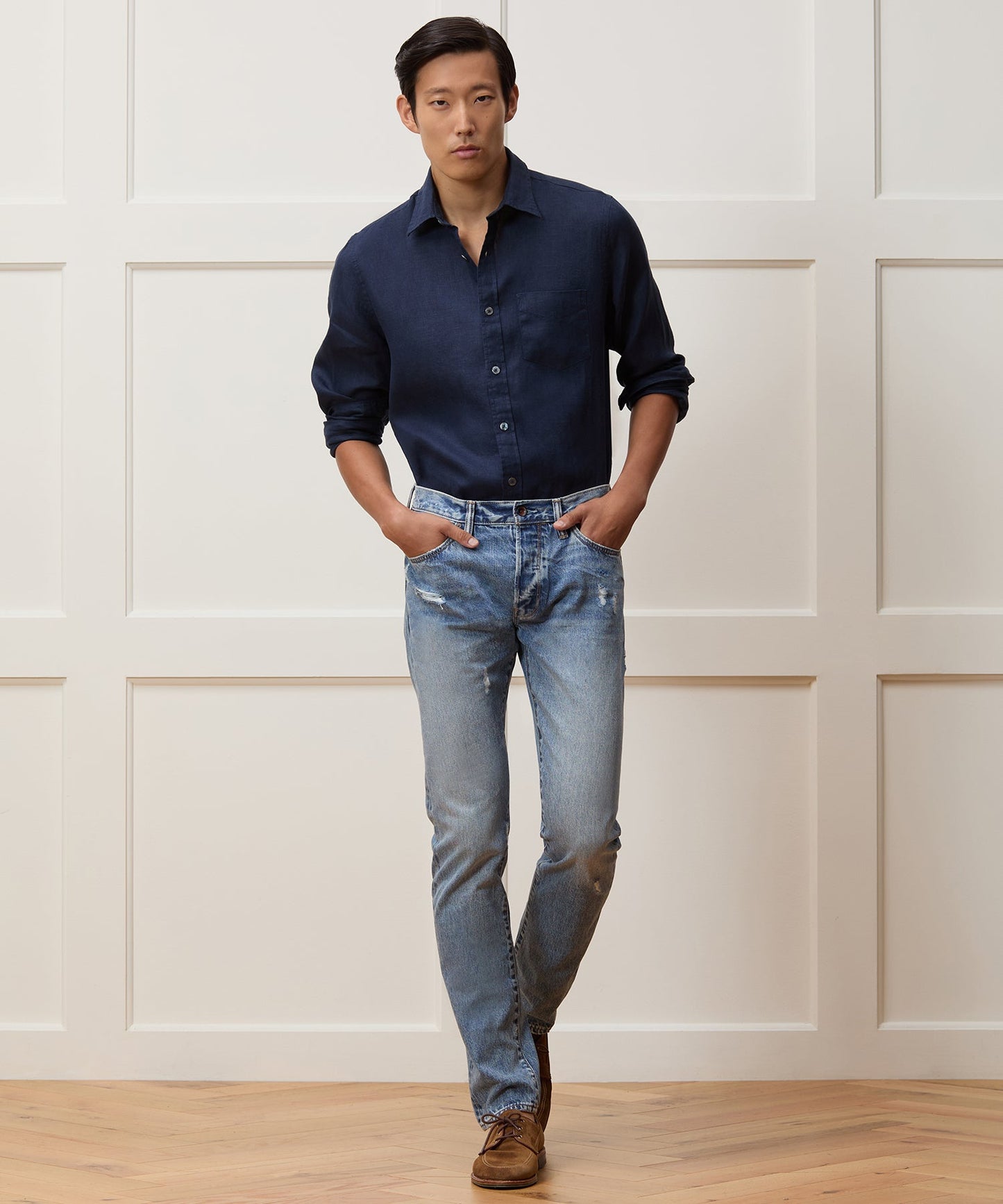 Todd Snyder Slim Selvedge Jean in Destroyed Wash Destroyed Medium Indigo