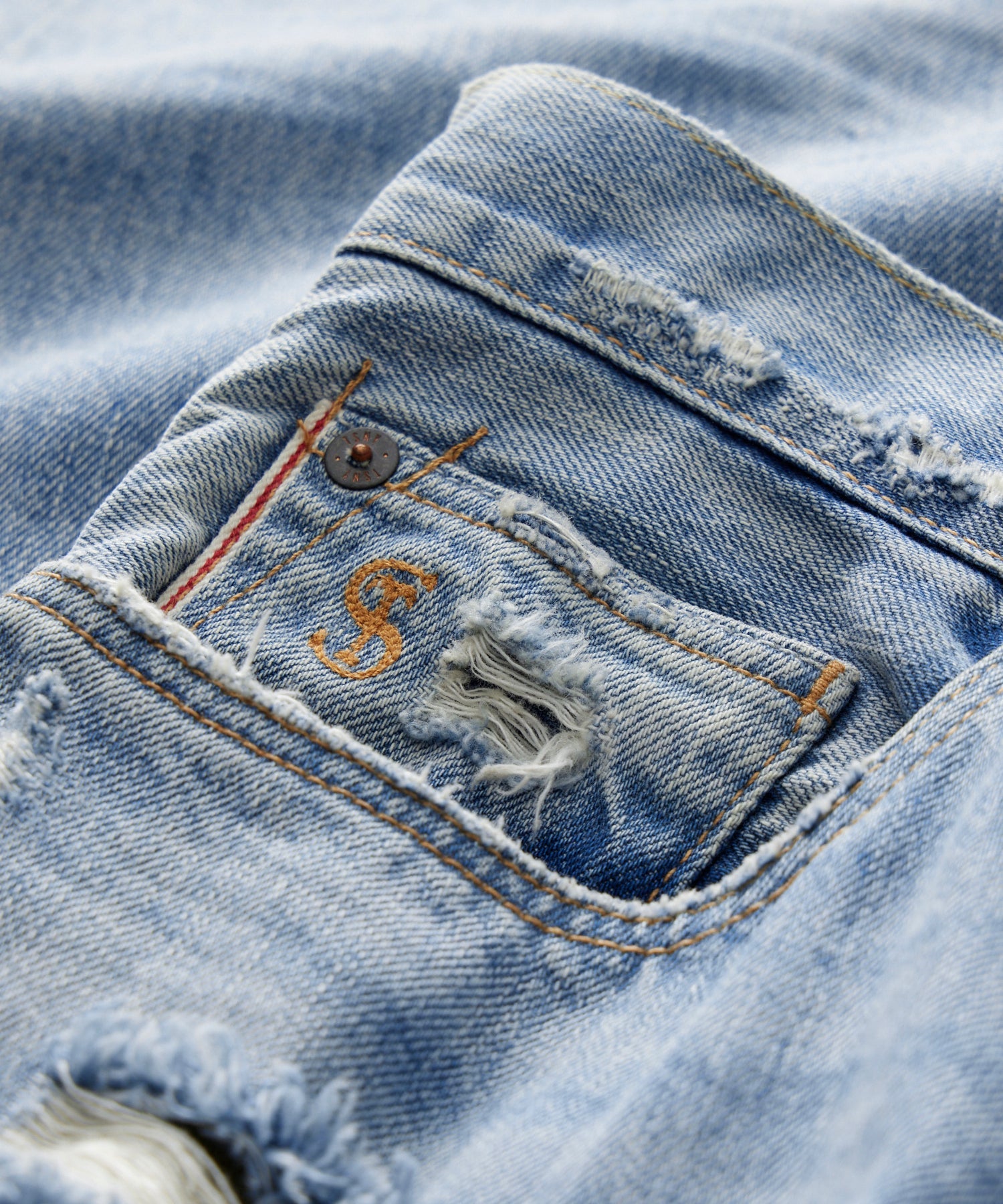 Todd Snyder Slim Selvedge Jean in Destroyed Wash Destroyed Medium Indigo