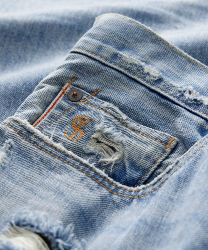 Todd Snyder Slim Selvedge Jean in Destroyed Wash Destroyed Medium Indigo