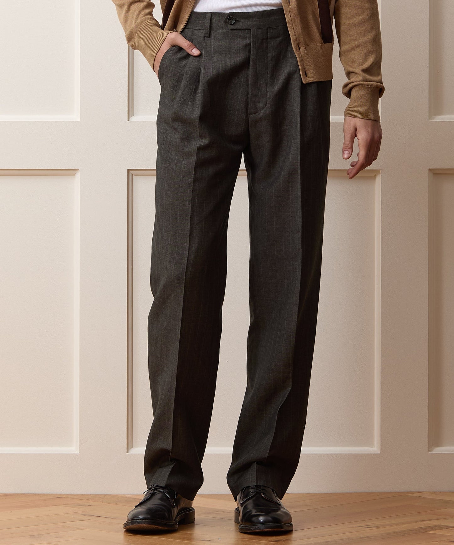 Todd Snyder Italian Wool-Linen Pinstripe Wythe Trouser in Brown Stripe Brown