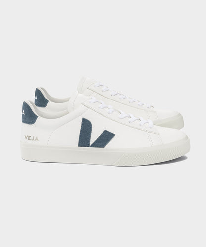 Todd Snyder Veja Campo Low Top Leather Sneaker in White and California Blue Blue