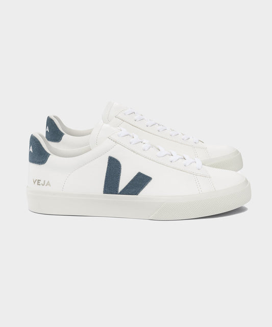 Todd Snyder Veja Campo Low Top Leather Sneaker in White and California Blue Blue