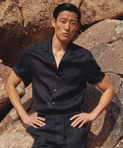 Todd Snyder Slim Fit Sea Soft Irish Linen Camp Collar Shirt in Black Black