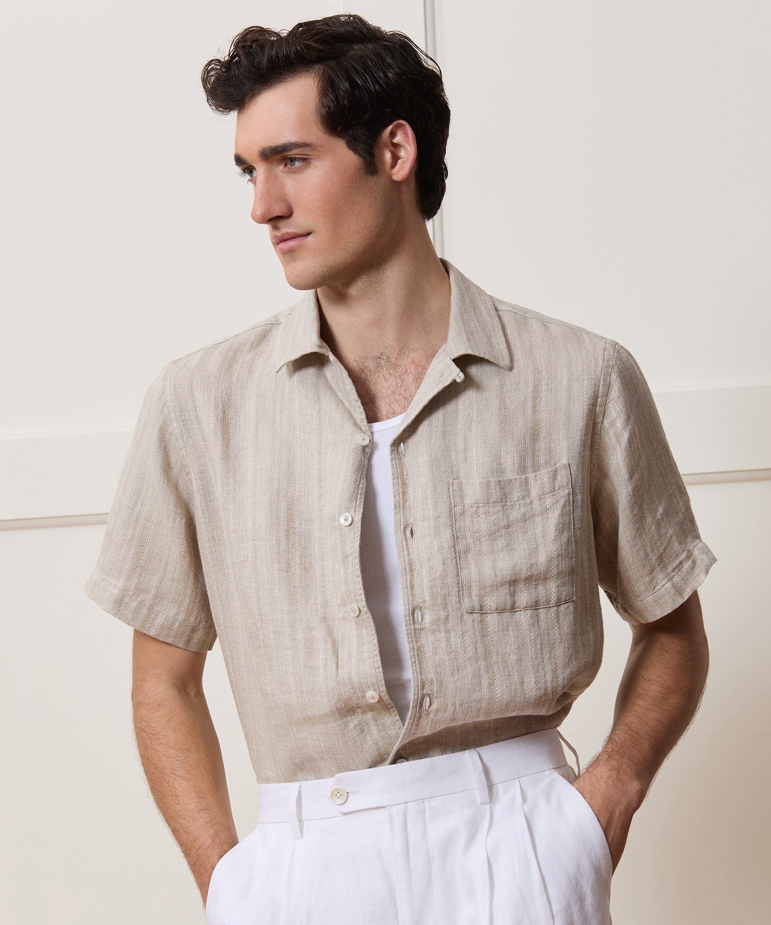 Todd Snyder Cropped Linen Camp Collar Shirt in Desert Beige Desert Beige