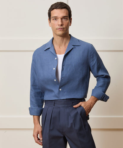 Todd Snyder Cropped Sea Soft Irish Linen Camp Collar Shirt in Denim Blue Denim Blue