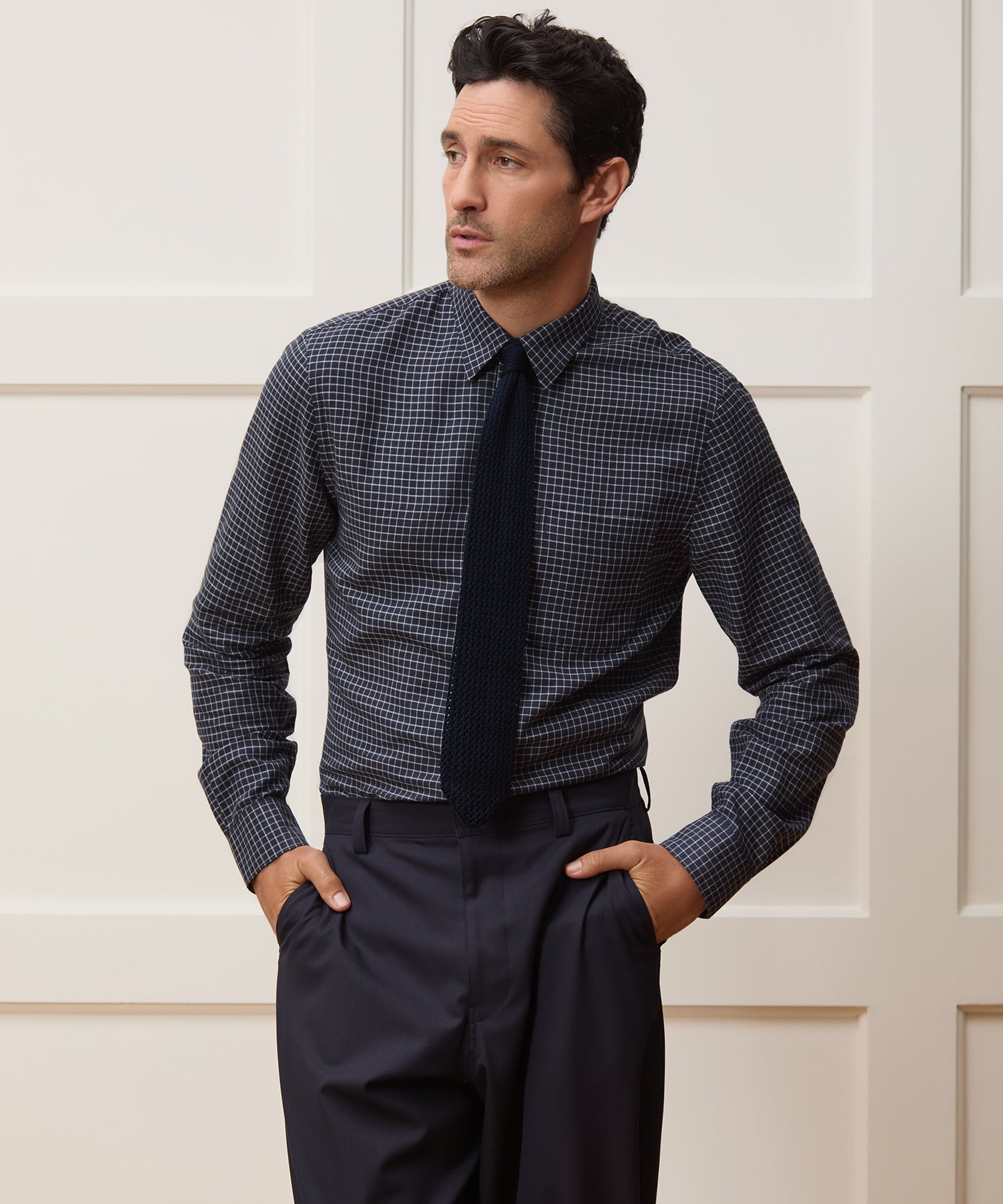 Todd Snyder Portuguese Cotton-Cashmere Sport Shirt in Navy Windowpane Navy