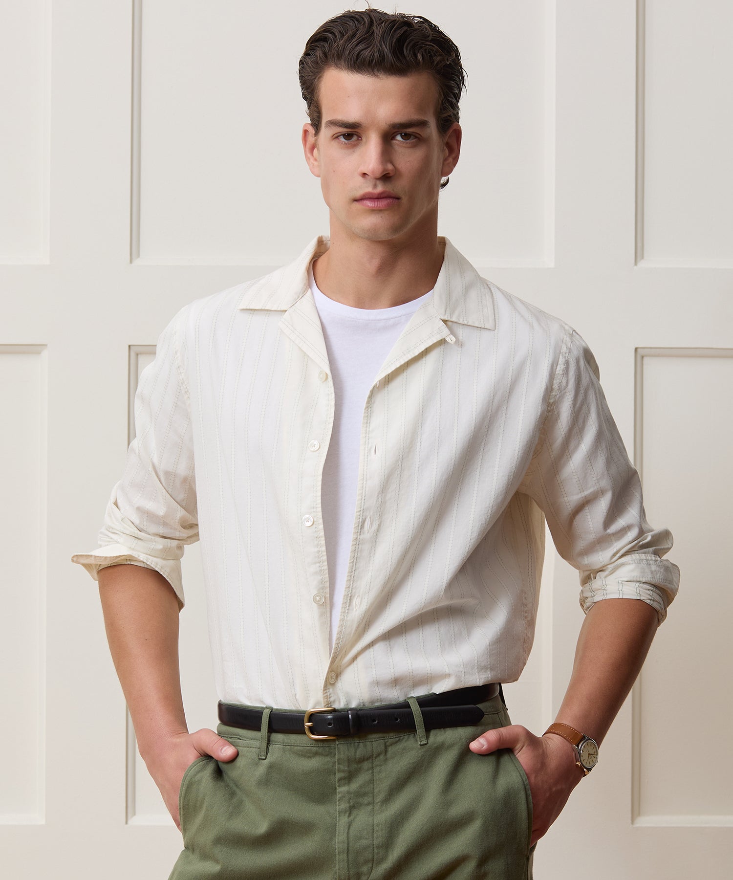 Todd Snyder Brushed Poplin Camp Collar Shirt in White Stripe White